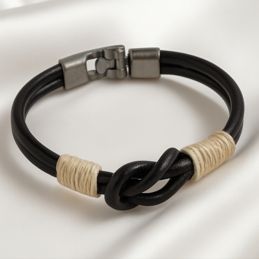 Black Leather Knot Bracelet with Beige Wrap – Adjustable Unisex Boho  Wristwear
